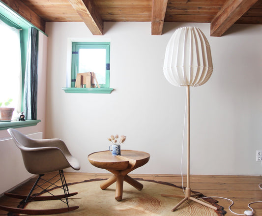 Thistle floor lamp, origami and wood design, standing lamp shade