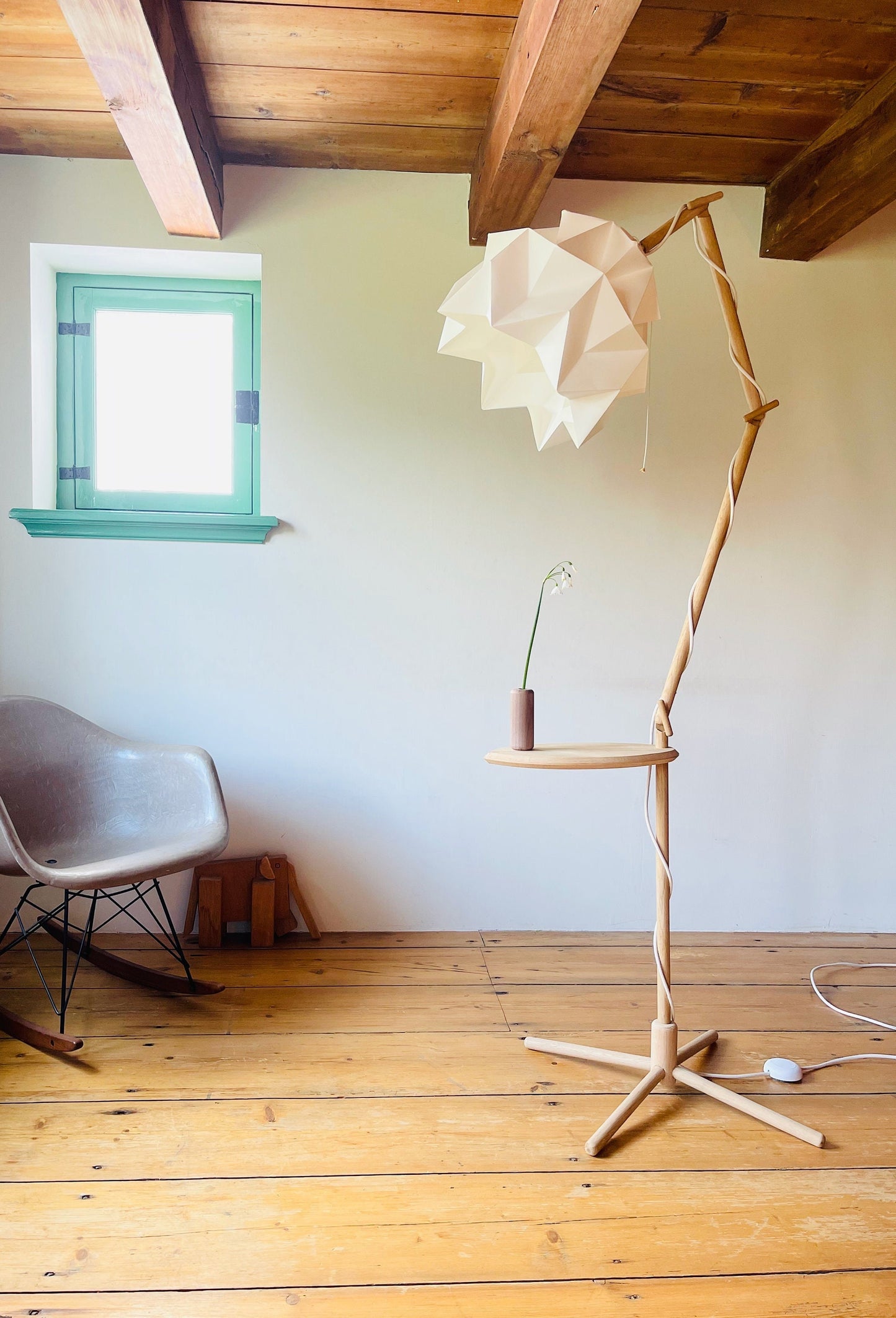 Oak Snowdrop floor lamp with leafy, origami and wood design