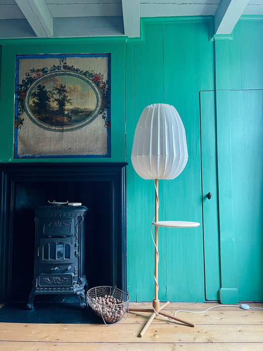 Oak Thistle floor lamp with leafy, origami and wood design, standing lamp shade