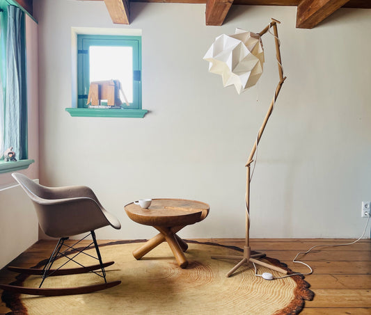 Snowdrop floor lamp, origami and wood design, standing lamp shade